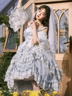 Sweet Lolita Wedding Dress Sleeveless Butterfly Pearls Bows Lace Sky Blue Hime Lolita Wedding Dress -AYA Cosplay Shop 202107121715309173845
