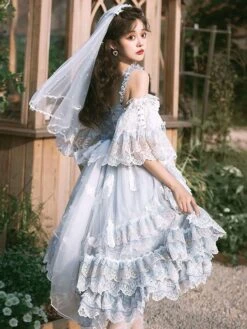 Sweet Lolita Wedding Dress Sleeveless Butterfly Pearls Bows Lace Sky Blue Hime Lolita Wedding Dress -AYA Cosplay Shop 202107121715325113863