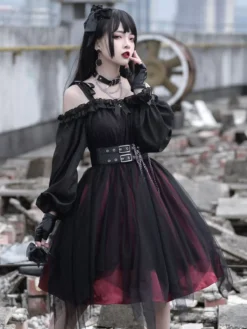Gothic Lolita OP Dress Black Burgundy Ruffles Bows Open The Shoulder Long Sleeves Lolita One Piece Dress -AYA Cosplay Shop 202107151519180674607