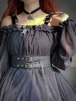 Gothic Lolita OP Dress Black Burgundy Ruffles Bows Open The Shoulder Long Sleeves Lolita One Piece Dress -AYA Cosplay Shop 202107151519189441838