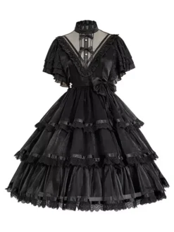 Sweet Lolita OP Dress Polyester Short Sleeves Ruffles Bows Lace White Lolita One Piece Hime Dress -AYA Cosplay Shop 202107151704362964712