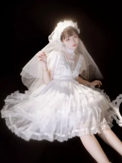 Sweet Lolita OP Dress Polyester Short Sleeves Ruffles Bows Lace White Lolita One Piece Hime Dress -AYA Cosplay Shop 202107151704366423414