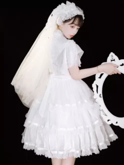 Sweet Lolita OP Dress Polyester Short Sleeves Ruffles Bows Lace White Lolita One Piece Hime Dress -AYA Cosplay Shop 202107151704369523489