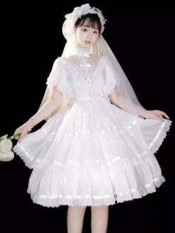 Sweet Lolita OP Dress Polyester Short Sleeves Ruffles Bows Lace White Lolita One Piece Hime Dress -AYA Cosplay Shop 202107151704372905394