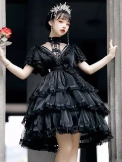 Sweet Lolita OP Dress Polyester Short Sleeves Ruffles Bows Lace White Lolita One Piece Hime Dress -AYA Cosplay Shop 202107151705019905582