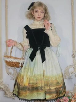 Classical Lolita JSK Dress Khaki Sleeveless Ruffles Floral Print Lolita Jumper Skirt -AYA Cosplay Shop 202107291811217496020