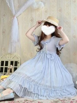 Sweet Lolita Dress Chiffon Short Sleeves Ruffles Bowknot Light Sky Blue Sweet Lolita Dress -AYA Cosplay Shop 20210729181126340579