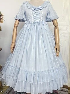 Sweet Lolita Dress Chiffon Short Sleeves Ruffles Bowknot Light Sky Blue Sweet Lolita Dress -AYA Cosplay Shop 202107291811271266688