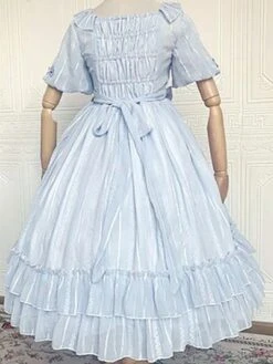 Sweet Lolita Dress Chiffon Short Sleeves Ruffles Bowknot Light Sky Blue Sweet Lolita Dress -AYA Cosplay Shop 202107291811274634791
