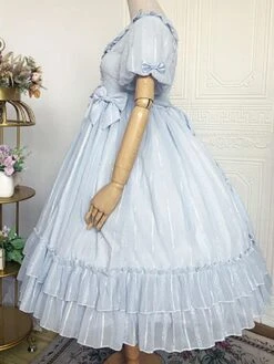 Sweet Lolita Dress Chiffon Short Sleeves Ruffles Bowknot Light Sky Blue Sweet Lolita Dress -AYA Cosplay Shop 202107291811277782751