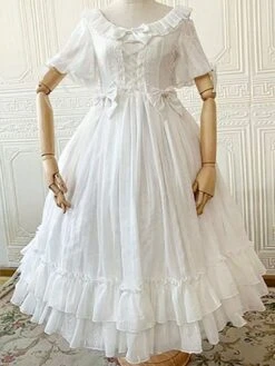 Sweet Lolita Dress Chiffon Short Sleeves Ruffles Bowknot Light Sky Blue Sweet Lolita Dress -AYA Cosplay Shop 20210729181128199593