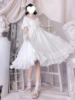 Sweet Lolita Dress Chiffon Short Sleeves Ruffles Bowknot Light Sky Blue Sweet Lolita Dress -AYA Cosplay Shop 202107291811286605613