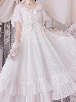 Sweet Lolita Dress Chiffon Short Sleeves Ruffles Bowknot Light Sky Blue Sweet Lolita Dress -AYA Cosplay Shop 202107291811289808374