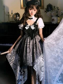 JSK Gothic Lolita OP Dress Black Bows Short Sleeve Polyester Lolita One Piece Dress -AYA Cosplay Shop 202108011722205902969