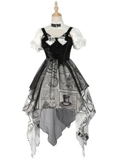 JSK Gothic Lolita OP Dress Black Bows Short Sleeve Polyester Lolita One Piece Dress -AYA Cosplay Shop 202108011722216607258