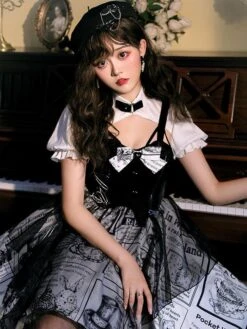 JSK Gothic Lolita OP Dress Black Bows Short Sleeve Polyester Lolita One Piece Dress -AYA Cosplay Shop 202108011722224022906
