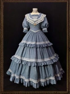 Classical Lolita OP Dress Blue Gray Lace Ruffles Short Sleeves Lolita One Piece Dress -AYA Cosplay Shop 202108221253261012859