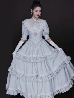 Classical Lolita OP Dress Blue Gray Lace Ruffles Short Sleeves Lolita One Piece Dress -AYA Cosplay Shop 202108221253265032908