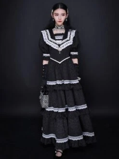 Classical Lolita OP Dress Blue Gray Lace Ruffles Short Sleeves Lolita One Piece Dress -AYA Cosplay Shop 202108221253274631106