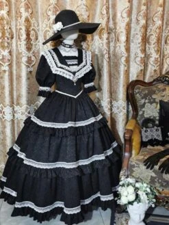 Classical Lolita OP Dress Blue Gray Lace Ruffles Short Sleeves Lolita One Piece Dress -AYA Cosplay Shop 20210822125327790371