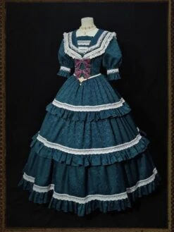 Classical Lolita OP Dress Blue Gray Lace Ruffles Short Sleeves Lolita One Piece Dress -AYA Cosplay Shop 202108221253281449114