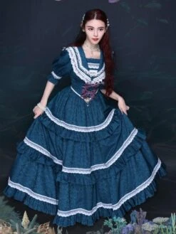 Classical Lolita OP Dress Blue Gray Lace Ruffles Short Sleeves Lolita One Piece Dress