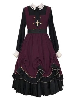 Classical Lolita OP Dress Burgundy Ruffles Long Sleeve Cross Color Block Pattern Black Lolita One Piece Dress -AYA Cosplay Shop 202108311815185116783