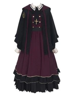 Classical Lolita OP Dress Burgundy Ruffles Long Sleeve Cross Color Block Pattern Black Lolita One Piece Dress -AYA Cosplay Shop 202108311815193328994