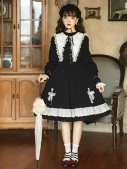 Gothic Lolita OP Dress Long Sleeve Bows Floral Print Pattern Cotton Black Lolita One Piece Dress -AYA Cosplay Shop 202109031739550148979