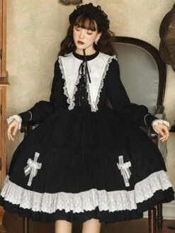 Gothic Lolita OP Dress Long Sleeve Bows Floral Print Pattern Cotton Black Lolita One Piece Dress -AYA Cosplay Shop 20210903173955315117