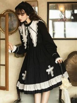Gothic Lolita OP Dress Long Sleeve Bows Floral Print Pattern Cotton Black Lolita One Piece Dress -AYA Cosplay Shop 202109031739556388077