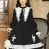 Gothic Lolita OP Dress Long Sleeve Bows Floral Print Pattern Cotton Black Lolita One Piece Dress -AYA Cosplay Shop 202109031739564401265