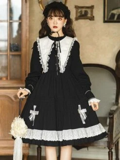 Gothic Lolita OP Dress Long Sleeve Bows Floral Print Pattern Cotton Black Lolita One Piece Dress