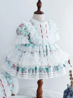 Kids Sweet Lolita Dress Light Sky Blue Ruffles Lace Bows Short Sleeve Polyester Sweet Lolita One Piece Dresses -AYA Cosplay Shop 202109061602549302991