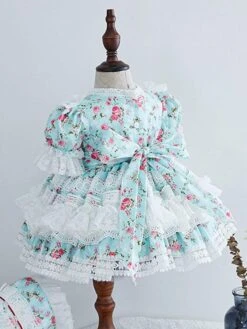 Kids Sweet Lolita Dress Light Sky Blue Ruffles Lace Bows Short Sleeve Polyester Sweet Lolita One Piece Dresses -AYA Cosplay Shop 202109061602555276042