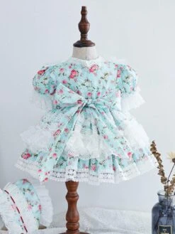 Kids Sweet Lolita Dress Light Sky Blue Ruffles Lace Bows Short Sleeve Polyester Sweet Lolita One Piece Dresses -AYA Cosplay Shop 20210906160256207381