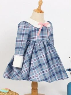 Kids Sweet Lolita Dress Blue Ruffles Lace Bows Short Sleeve Polyester Sweet Lolita One Piece Dresses -AYA Cosplay Shop 202109061602565439005