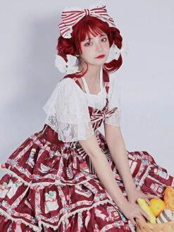 Sweet Lolita JSK Dress Cotton Sleeveless Ruffles Strawberry Print Pattern Lolita Jumper Skirt -AYA Cosplay Shop 202109131810461839568