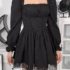 Women Midi Dress Black Square Neck Long Sleeves Lace Pleated Polyester Gothic Dress -AYA Cosplay Shop 202109221708456182136