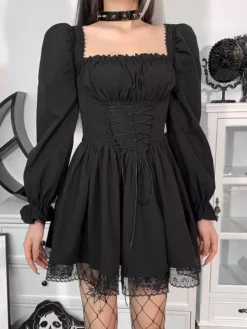 Women Midi Dress Black Square Neck Long Sleeves Lace Pleated Polyester Gothic Dress