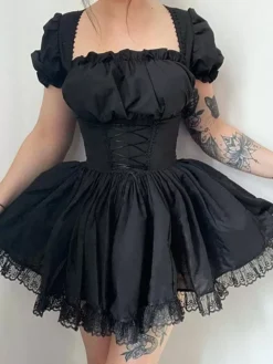 Women Short Dress White Pleated Lace Pleated Short Sleeves Polyester Gothic Summer Dress -AYA Cosplay Shop 202109221709437876980