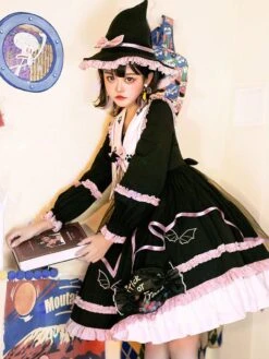 Gothic Lolita OP Dress Color Block Long Sleeves Ruffles Pleated Lace Up Black Lolita One Piece Dress -AYA Cosplay Shop 202110081747443476631