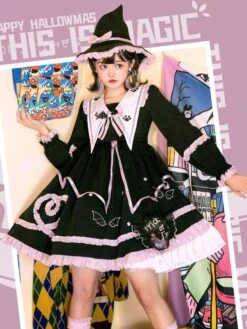 Gothic Lolita OP Dress Color Block Long Sleeves Ruffles Pleated Lace Up Black Lolita One Piece Dress -AYA Cosplay Shop 202110081747446897900
