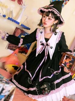 Gothic Lolita OP Dress Color Block Long Sleeves Ruffles Pleated Lace Up Black Lolita One Piece Dress -AYA Cosplay Shop 20211008174745753294