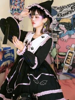 Gothic Lolita OP Dress Color Block Long Sleeves Ruffles Pleated Lace Up Black Lolita One Piece Dress -AYA Cosplay Shop 20211008174746460834