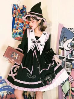 Gothic Lolita OP Dress Color Block Long Sleeves Ruffles Pleated Lace Up Black Lolita One Piece Dress -AYA Cosplay Shop 202110081747472187887