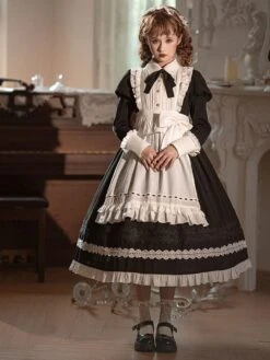 Gothic Lolita Dress Ruffles Bows Long Sleeves Polyester Maid Dress Black Lolita Dress Apron 2-Piece Set