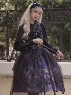 Gothic Lolita JSK Dress 3-Piece Set Polyester Cummerbund Cover-Up Jumper Black Lolita Jumper Skirt -AYA Cosplay Shop 202110270910254168263