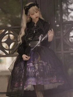 Gothic Lolita JSK Dress 3-Piece Set Polyester Cummerbund Cover-Up Jumper Black Lolita Jumper Skirt -AYA Cosplay Shop 202110270910264228150