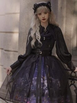 Gothic Lolita JSK Dress 3-Piece Set Polyester Cummerbund Cover-Up Jumper Black Lolita Jumper Skirt -AYA Cosplay Shop 202110270910270143754